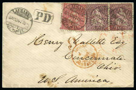 Stamp of Switzerland / Schweiz » Sitzende Helvetia Gezaehnt » Destinationen USA 1867: 50C lila (2) und 10C rot
