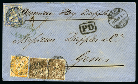 Stamp of Switzerland / Schweiz » Sitzende Helvetia Gezaehnt » Destinationen ITALIEN 1867: 30C ultramarin, 20C orange und 5C braun
