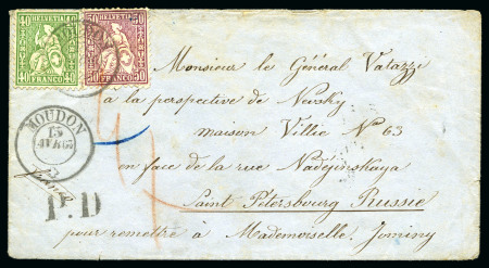 Stamp of Switzerland / Schweiz » Sitzende Helvetia Gezaehnt » Destinationen RUSSLAND 1867: 50C lila zusammen mit 40C grün