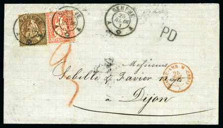 Stamp of Switzerland / Schweiz » Sitzende Helvetia Gezaehnt » Destinationen FRANKREICH 1866: 60C kupferbronze und 30C zinnober
