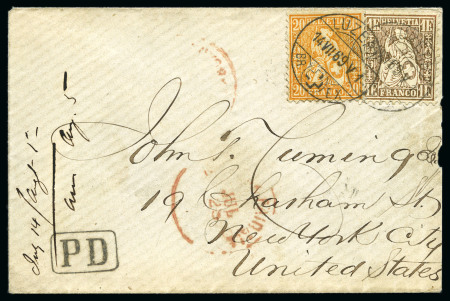 Stamp of Switzerland / Schweiz » Sitzende Helvetia Gezaehnt » Destinationen USA 1869: 1Fr. goldbronze und 20C orange