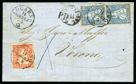 Stamp of Switzerland / Schweiz » Sitzende Helvetia Gezaehnt » Destinationen ITALIEN 1863: 30C zinnober zusammen mit 10C blau