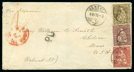 Stamp of Switzerland / Schweiz » Sitzende Helvetia Gezaehnt » Destinationen USA 1870: 1Fr golden, 50C lila und 10C rot