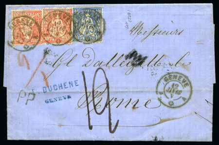 Stamp of Switzerland / Schweiz » Sitzende Helvetia Gezaehnt » Destinationen KIRCHENSTAAT 1866: 30C zinnober (2) und 10C blau