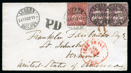 Stamp of Switzerland / Schweiz » Sitzende Helvetia Gezaehnt » Destinationen USA 1867: 50C lila im Paar zusammen mit 10C rot