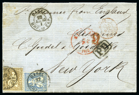Stamp of Switzerland / Schweiz » Sitzende Helvetia Gezaehnt » Destinationen USA 1865: 1Fr goldbronze und 10C blau