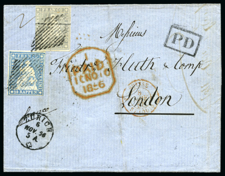 Stamp of Switzerland / Schweiz » Sitzende Helvetia Ungezähnt » 1856-57 Berner Druck (II) 1Fr violettgrau und Berner Druck I 10Rp blau