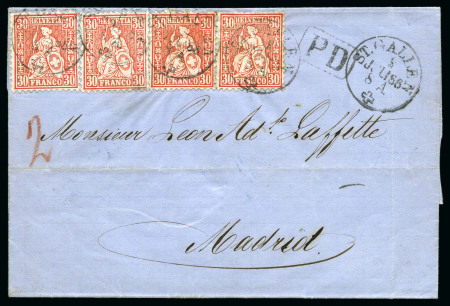 Stamp of Switzerland / Schweiz » Sitzende Helvetia Gezaehnt » Destinationen SPANIEN 1866: 30C zinnober (4)