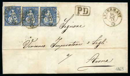 Stamp of Switzerland / Schweiz » Sitzende Helvetia Gezaehnt » Destinationen ITALIEN 1863: 10C Blau (3)