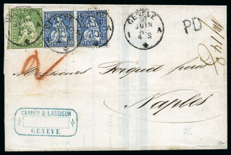 Stamp of Switzerland / Schweiz » Sitzende Helvetia Ungezähnt » 1857-62 Berner Druck, Dickes Papier 40Rp grün zusammen mit Sitzende Helvetia