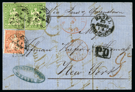 Stamp of Switzerland / Schweiz » Sitzende Helvetia Ungezähnt » 1857-62 Berner Druck, Dickes Papier 40Rp grün (2) zusammen mit Sitzende Helvetia