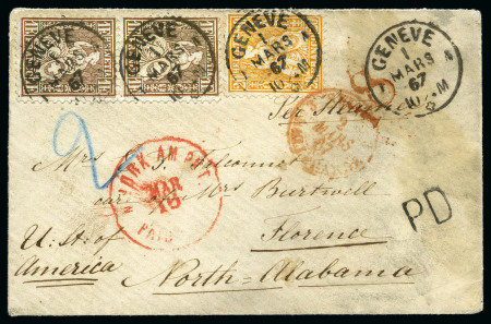 Stamp of Switzerland / Schweiz » Sitzende Helvetia Gezaehnt » Destinationen USA 1867: 1Fr goldbronze (2) und 20C orange