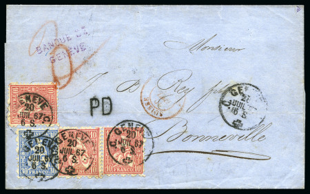 Stamp of Switzerland / Schweiz » Sitzende Helvetia Gezaehnt » Frankaturen 30C BLAU (lebhaft) zusammen mit drei roten 10C Marken
