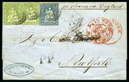 Stamp of Switzerland / Schweiz » Sitzende Helvetia Ungezähnt » 1857-62 Berner Druck, Dickes Papier 40Rp grün (2) und 10Rp blau