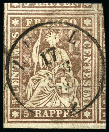 Stamp of Switzerland / Schweiz » Sitzende Helvetia Ungezähnt » 1856-57 Berner Druck (III) 5Rp braun, überrandige Marke