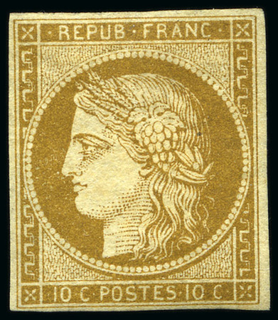 Stamp of France 1849 10c bistre-jaune, filets intacts tout autour