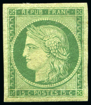 Stamp of France 1849 15c vert, neuf, très beau d'aspect, réparé