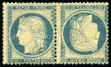 Stamp of France 1870 20c Siège bleu sur jaunâtre en paire