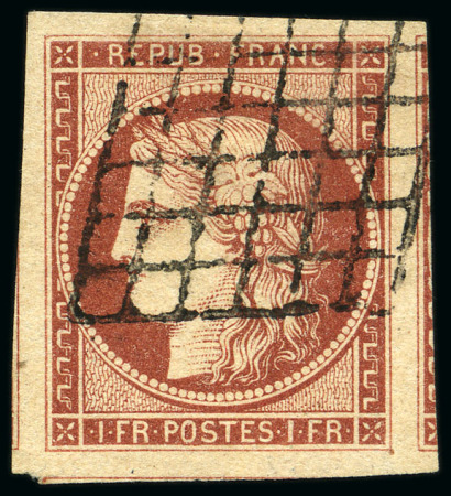 Stamp of France 1849 1F carmin avec voisins sur 3 côtés