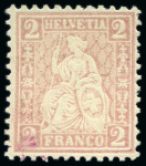Stamp of Switzerland / Schweiz » Sitzende Helvetia Gezaehnt » Probe Gezähnte Farbprobe 2C rosa, 2C braun-rot und 2C grün