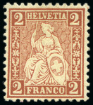 Stamp of Switzerland / Schweiz » Sitzende Helvetia Gezaehnt » Probe Gezähnte Farbprobe 2C rosa, 2C braun-rot und 2C grün