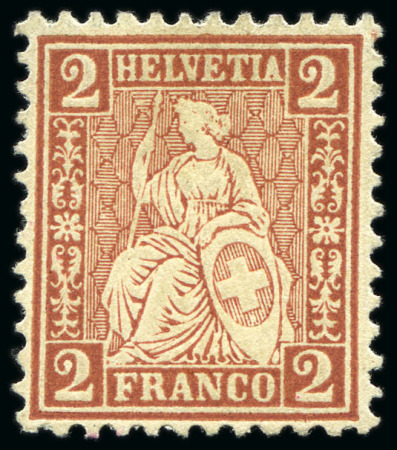 Stamp of Switzerland / Schweiz » Sitzende Helvetia Gezaehnt » Probe Gezähnte Farbprobe 2C rosa, 2C braun-rot und 2C grün