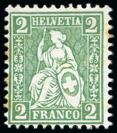 Stamp of Switzerland / Schweiz » Sitzende Helvetia Gezaehnt » Probe Gezähnte Farbprobe 2C rosa, 2C braun-rot und 2C grün