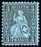 Stamp of Switzerland / Schweiz » Sitzende Helvetia Gezaehnt » Probe Papierprobe 3C schwarz auf blauem Papier (gez.)