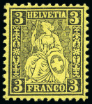 Stamp of Switzerland / Schweiz » Sitzende Helvetia Gezaehnt » Probe Papierprobe 3C schwarz auf blauem Papier (gez.)
