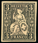 Stamp of Switzerland / Schweiz » Sitzende Helvetia Gezaehnt » Probe Papierprobe 3C schwarz auf blauem Papier (gez.)