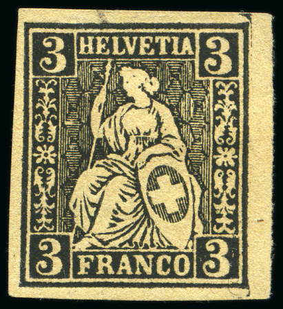 Stamp of Switzerland / Schweiz » Sitzende Helvetia Gezaehnt » Probe Papierprobe 3C schwarz auf blauem Papier (gez.)
