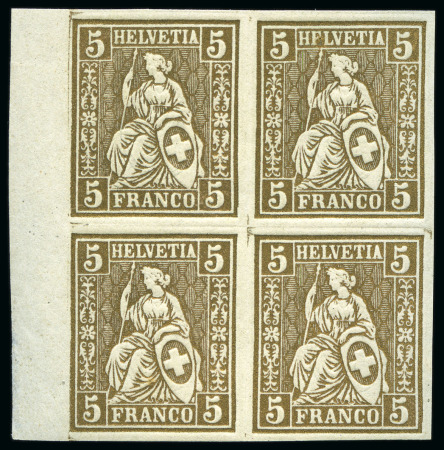Stamp of Switzerland / Schweiz » Sitzende Helvetia Gezaehnt » Probe Farbprobe 5C golden, ohne Wasserzeichen, ungezähnt