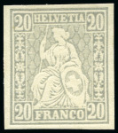 Stamp of Switzerland / Schweiz » Sitzende Helvetia Gezaehnt » Probe Farbprobe 20C ohne Wasserzeichen, ungezähnt