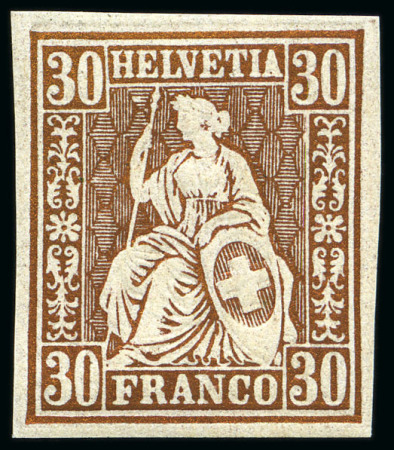 Stamp of Switzerland / Schweiz » Sitzende Helvetia Gezaehnt » Probe Farbprobe 30C ohne Wasserzeichen, ungezähnt