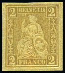Stamp of Switzerland / Schweiz » Sitzende Helvetia Gezaehnt » Probe Papierprobe 2C oliv auf sämischfarbigem Papier
