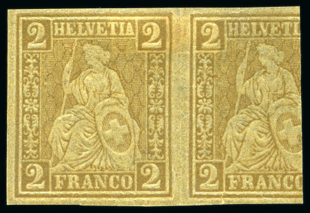 Stamp of Switzerland / Schweiz » Sitzende Helvetia Gezaehnt » Probe Papierprobe 2C oliv auf sämischfarbigem Papier