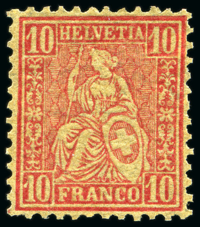 Stamp of Switzerland / Schweiz » Sitzende Helvetia Gezaehnt » Probe Papierprobe 10C rot auf sämischfarbigem Papier