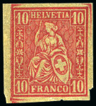 Stamp of Switzerland / Schweiz » Sitzende Helvetia Gezaehnt » Probe Papierprobe 10C rot auf sämischfarbigem Papier