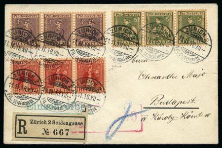 Stamp of Switzerland / Schweiz 1918 Pro Juventute R-Brief von Zürich nach Budapest