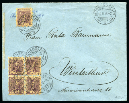Stamp of Switzerland / Schweiz 1918 Pro Juventute Brief mit fünf 1917 3C Marken