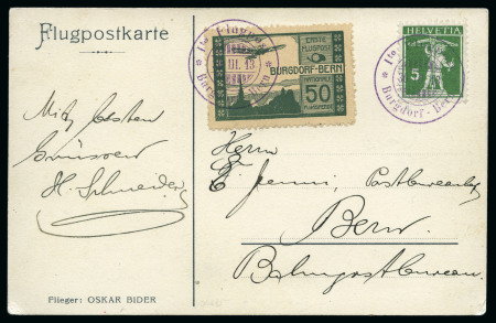 Stamp of Switzerland / Schweiz 1913-19, Drei Flugpostbelege: 1913 Burgdorf Vorläufer