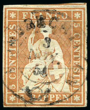 Stamp of Switzerland / Schweiz » Sitzende Helvetia Ungezähnt » Münchner Druck, 1. Auflage 5Rp rotbraun, zentrisch entwertet mit Rundstempel