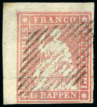 Stamp of Switzerland / Schweiz » Sitzende Helvetia Ungezähnt » Münchner Druck, 1. Auflage 15Rp rosa, entwertet Raute