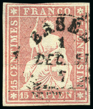 Stamp of Switzerland / Schweiz » Sitzende Helvetia Ungezähnt » Münchner Druck, 1. Auflage 15Rp rosa, zentrisch entwertet mit Rundstempel BASEL