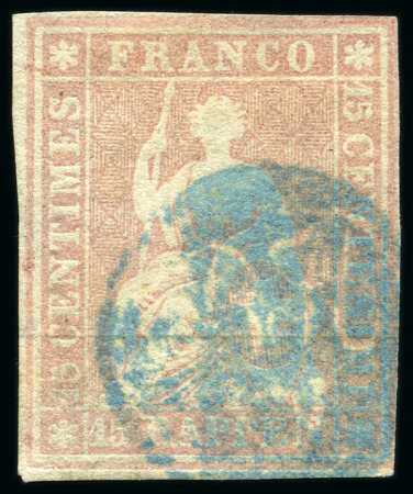 Stamp of Switzerland / Schweiz » Sitzende Helvetia Ungezähnt » Münchner Druck, 1. Auflage 15Rp mattrosa, entwertet mit Petschaft-Stempel P.A