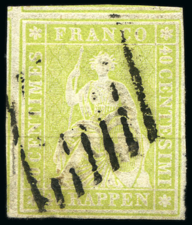 Stamp of Switzerland / Schweiz » Sitzende Helvetia Ungezähnt » Münchner Druck, 1. Auflage 40Rp blassgelbgrün mit schwarzer Genfer Raute