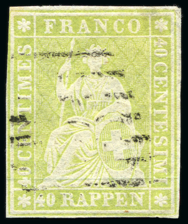 Stamp of Switzerland / Schweiz » Sitzende Helvetia Ungezähnt » Münchner Druck, 1. Auflage 40Rp blassgelbgrün mit schwarzer Genfer Raute
