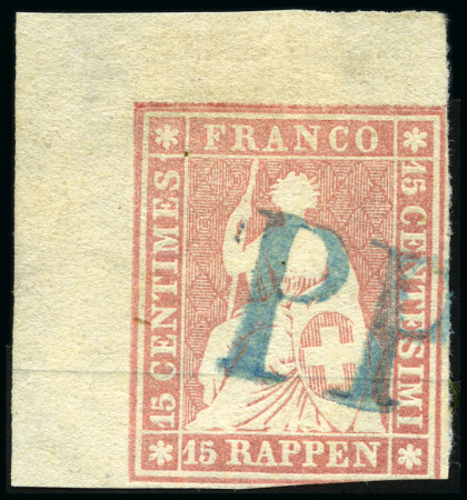 Stamp of Switzerland / Schweiz » Sitzende Helvetia Ungezähnt » Münchner Druck, 1. Auflage 15Rp rosa mit blauem P.P. vom VII. Postkreis