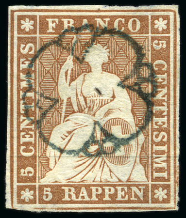 Stamp of Switzerland / Schweiz » Sitzende Helvetia Ungezähnt » Münchner Druck, 2. Auflage 5Rp braun mit seltener Genfer Rosette AW Nr. 6