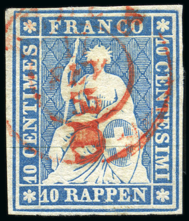 Stamp of Switzerland / Schweiz » Sitzende Helvetia Ungezähnt » Münchner Druck, 2. Auflage 10Rp blau mit rotem Zweikreisstempel BULLE 15 FEV 55